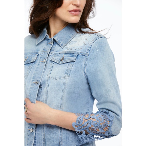 Women's Denim Jacket Size L Rhinestones Lace Sleeves Trendy Short Orly NWT - Picture 2 of 4